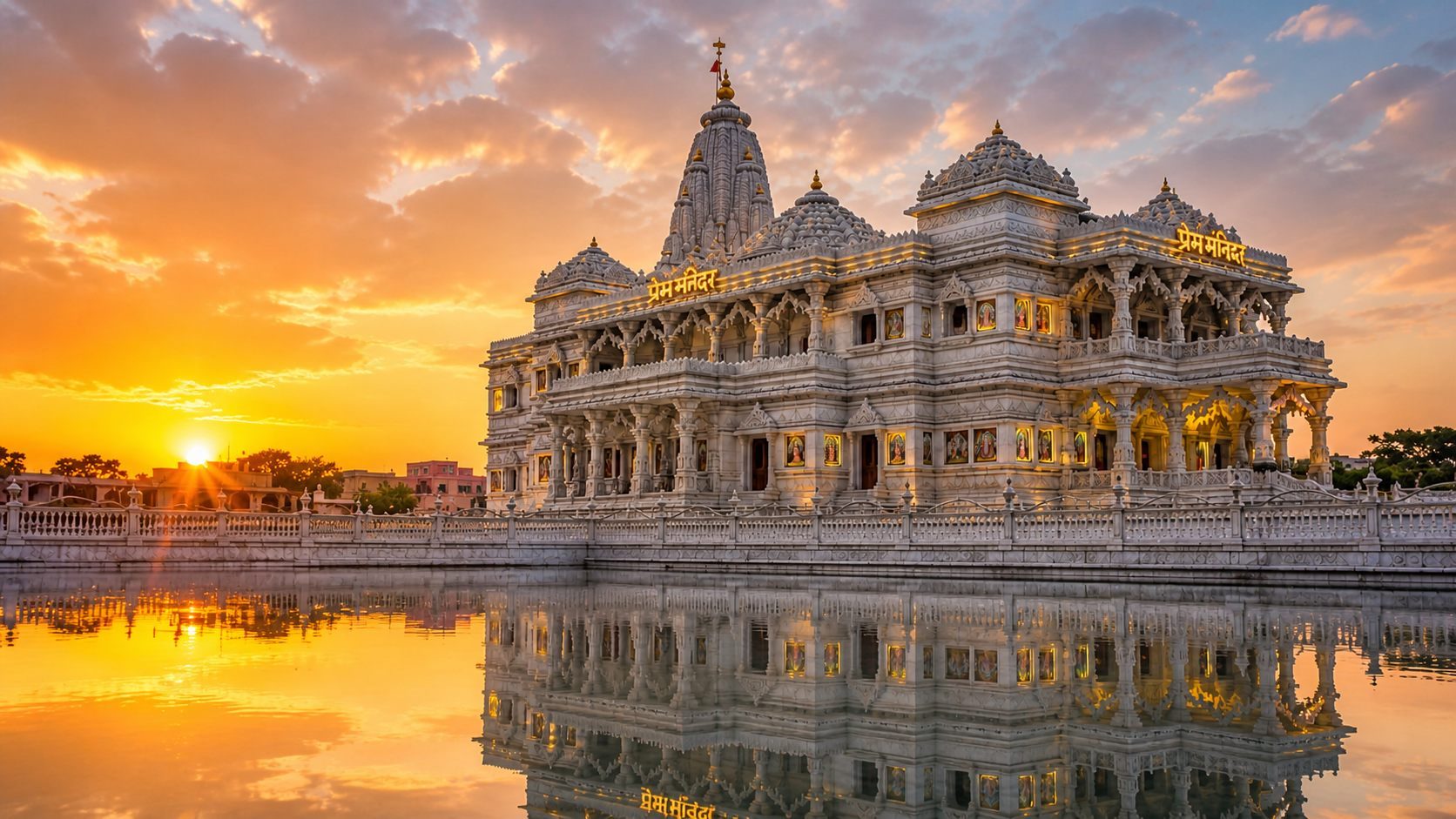 Prem Mandir temple illuminated at night, Vrindavan